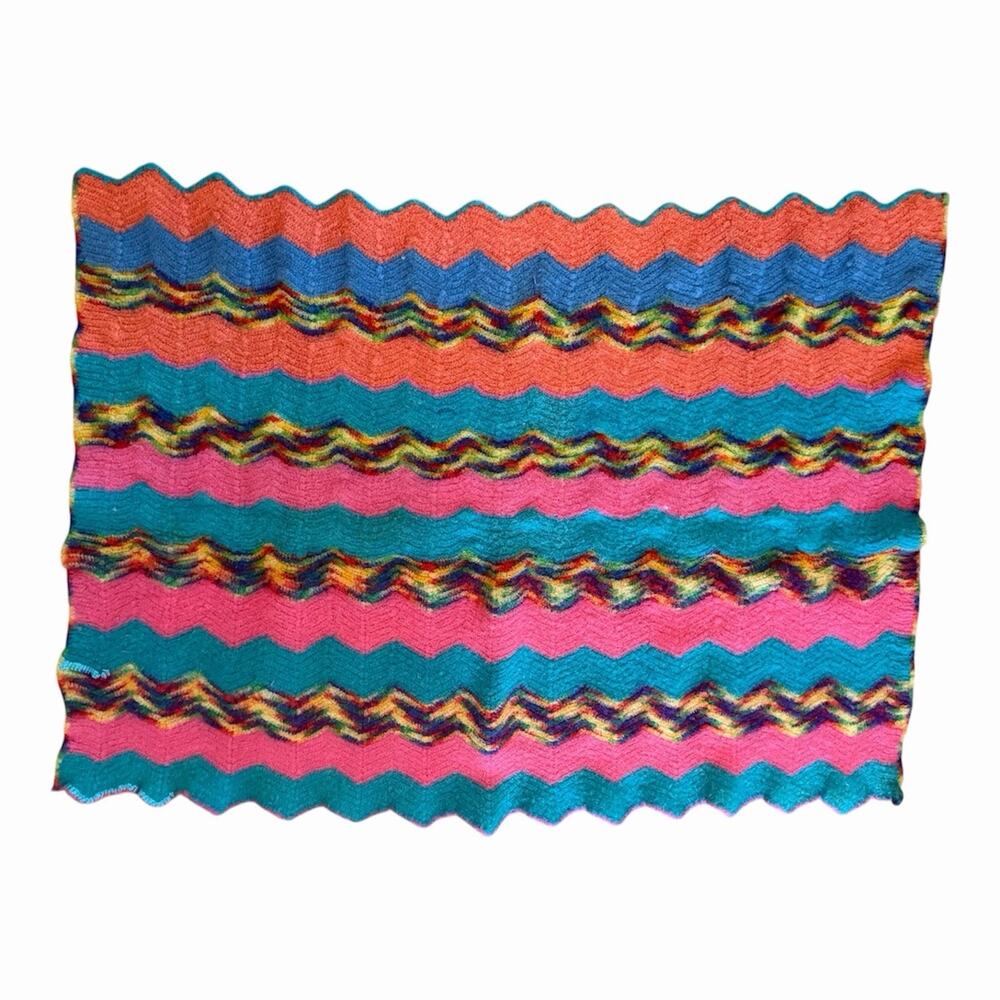 Handmade Wool Blanket Or Rug Zigzag Pattern Bright Colors 53x38” Boho Hippie